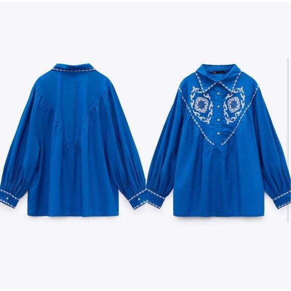 Zara Embroidered Top Blouse Button Front size M Boho Blue Collared - Picture 2 of 10